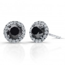 14k White Gold Black Diamond Stud Earrings with Halo