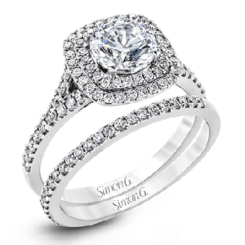 ROUND-CUT DOUBLE-HALO ENGAGEMENT RING & MATCHING WEDDING BAND IN 18K GOLD WITH DIAMONDS