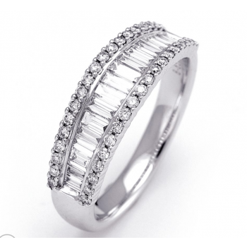 14K White Gold Baguette and Round Diamonds Band